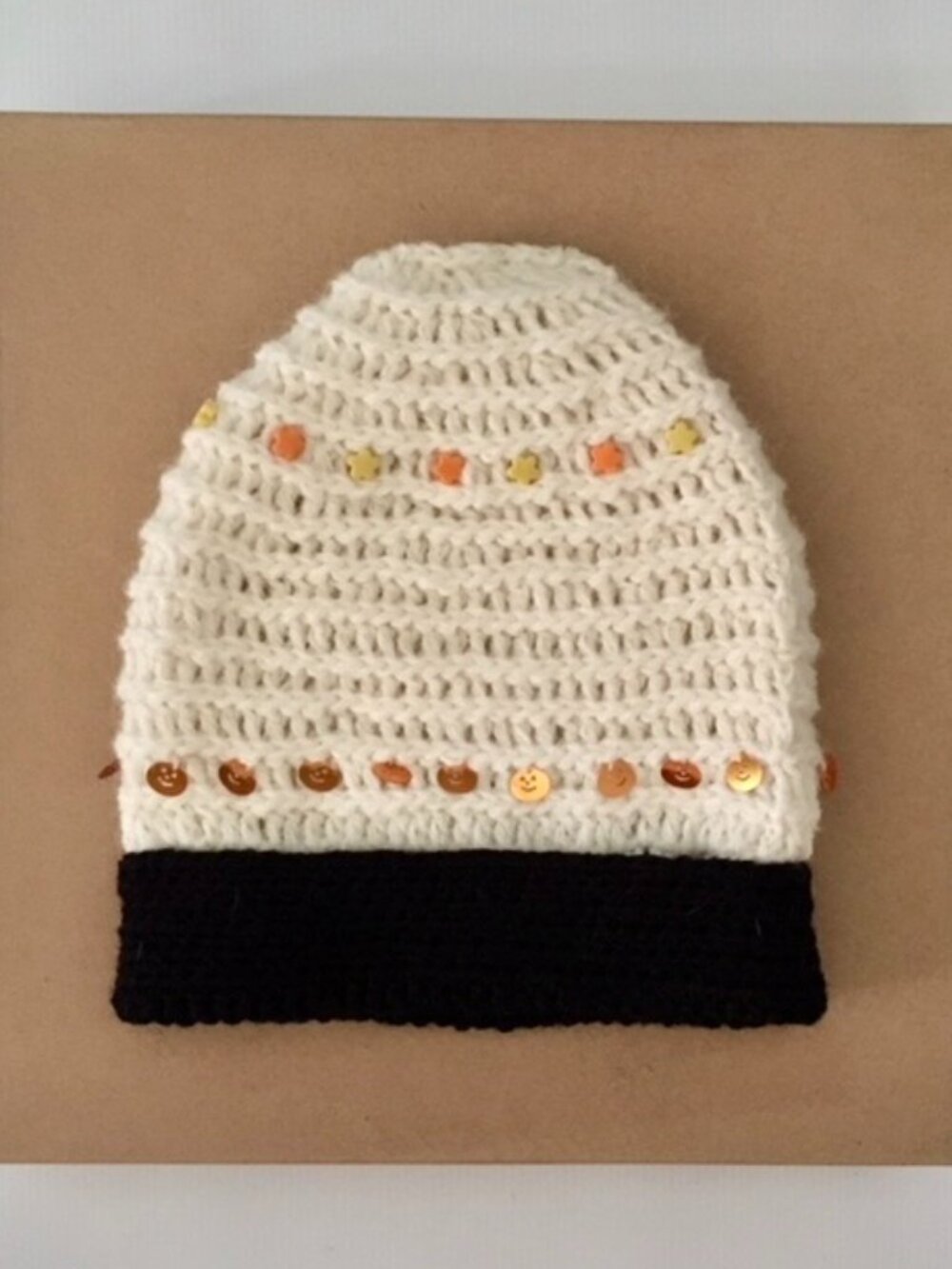 Crochet Beanie with Pumpkin Sequins, Handmade Unique Beanie